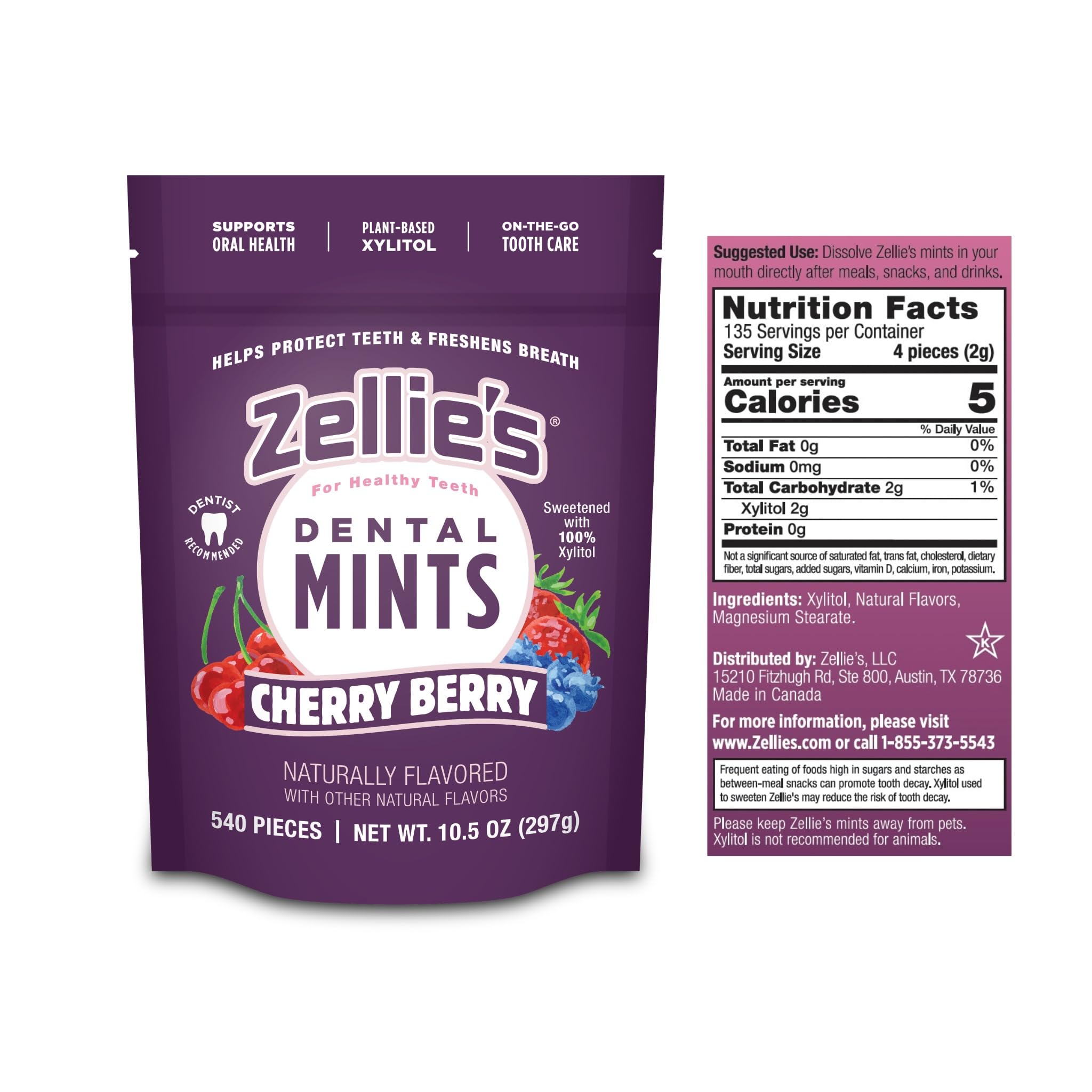 Zellie's open tub displaying 540 cherry berry xylitol mints for long-lasting supply