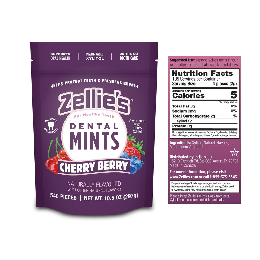 Zellie's open tub displaying 540 cherry berry xylitol mints for long-lasting supply