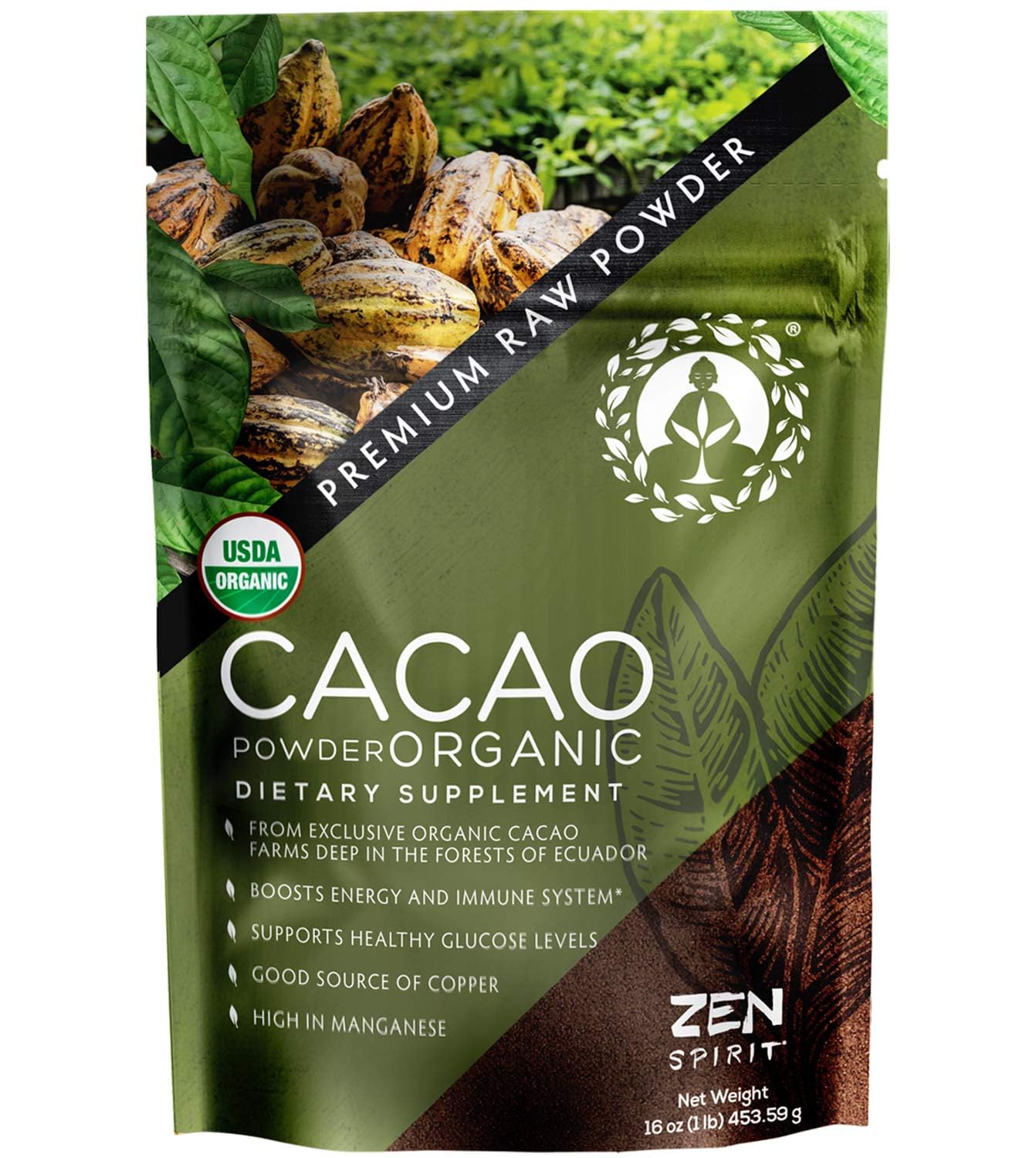 Zen Spirit front packaging showing cacao powder and premium branding benefit