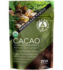 Zen Spirit front packaging showing cacao powder and premium branding benefit