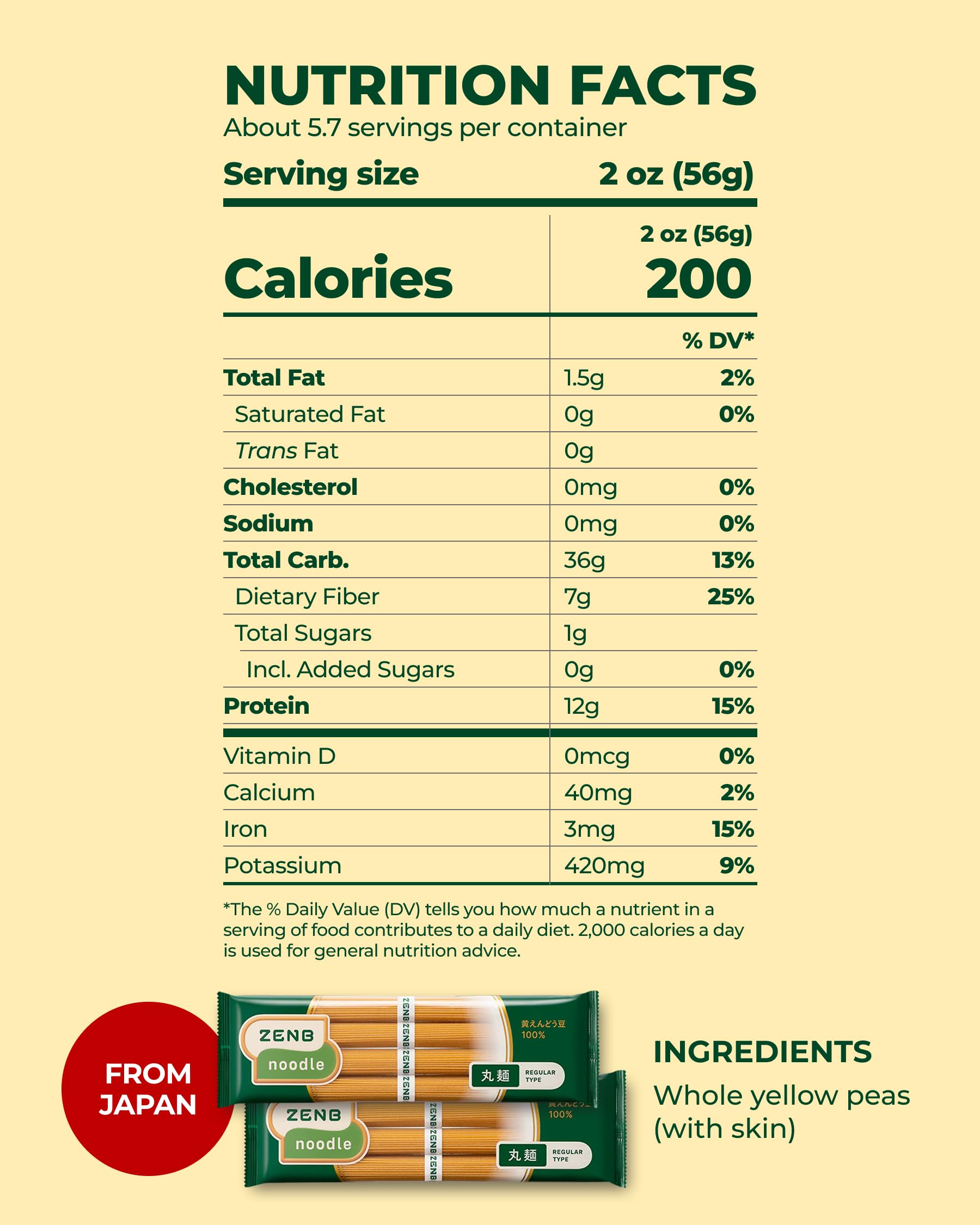 ZENB unbundled dry spaghetti noodles highlighting whole-pea composition