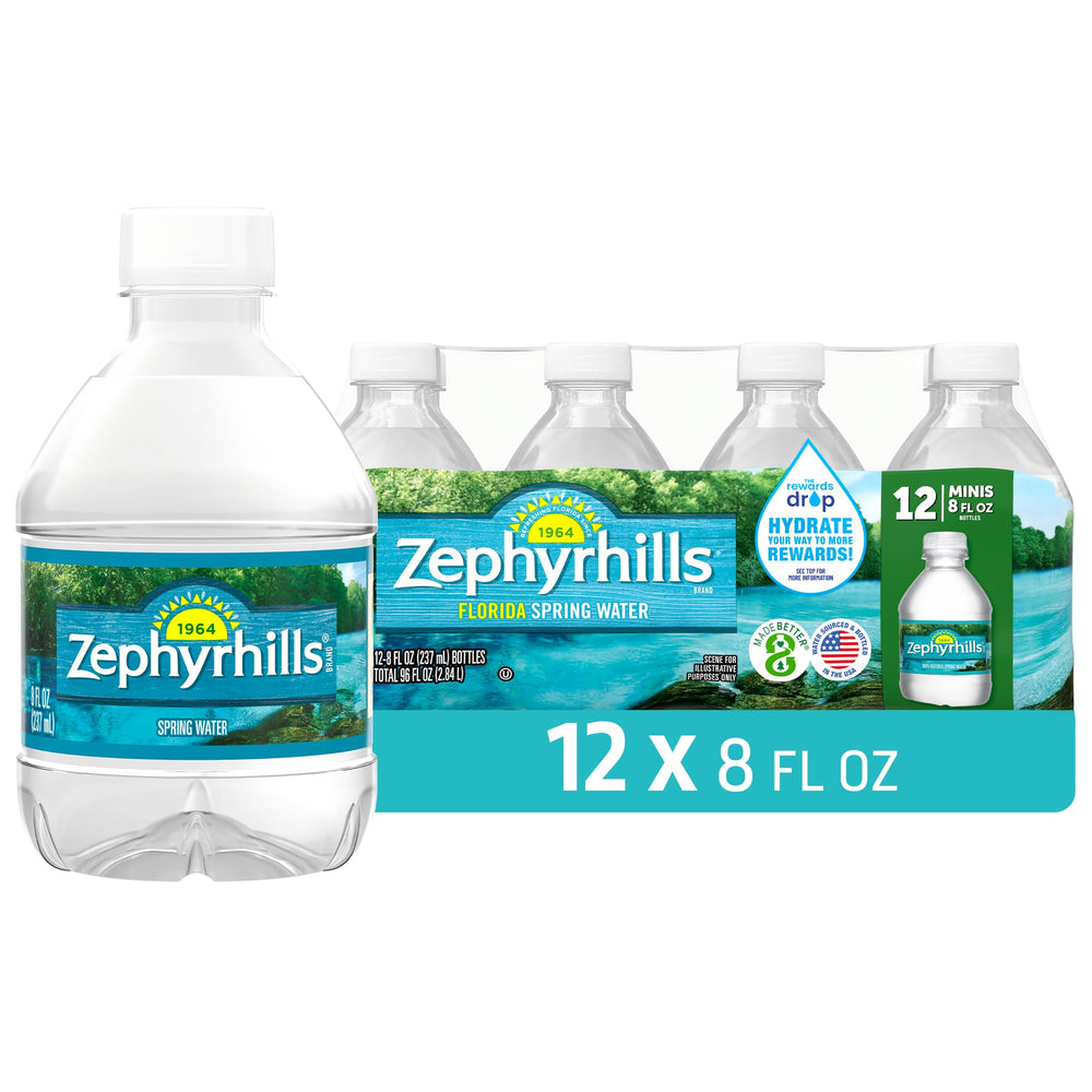 Zephyrhills front view of 12 pack mini bottles showing compact packaging and convenience