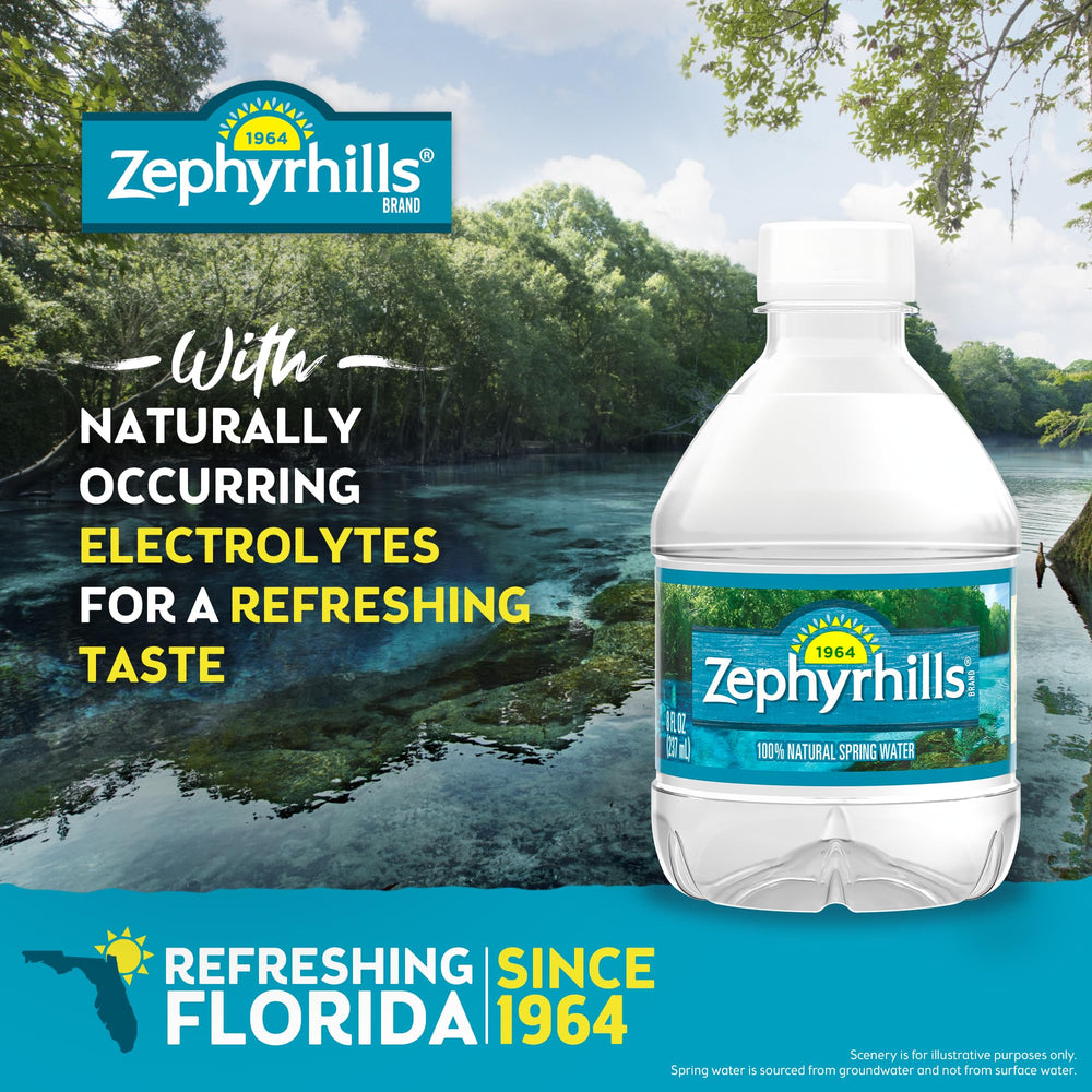 Zephyrhills close-up of single 8oz bottle label highlighting spring source and taste