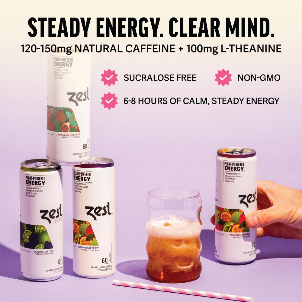 ZEST Blackberry Lime close-up can highlights sugar-free crisp flavor and focus