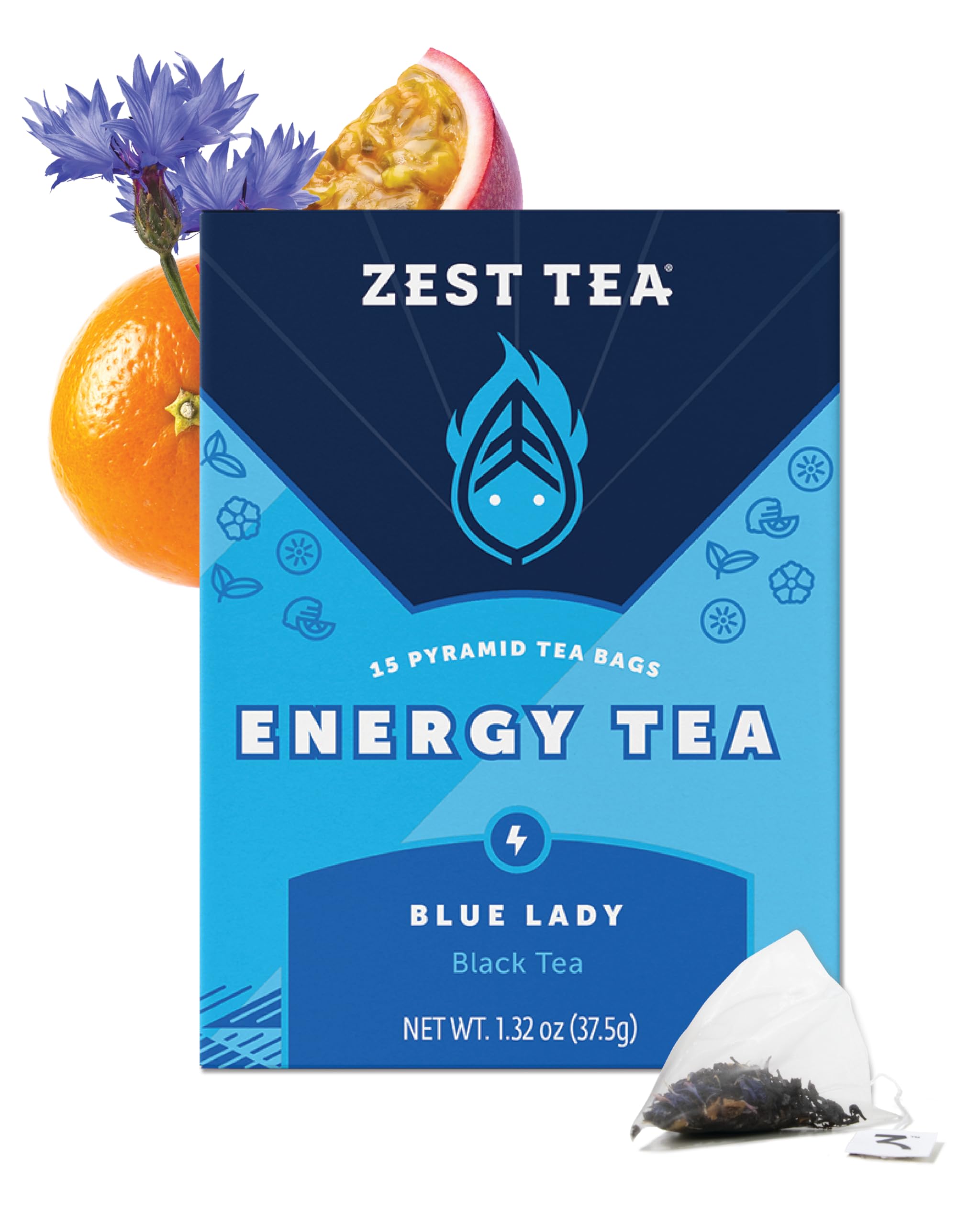 ZEST front box showing Blue Lady Passion Fruit and high caffeine benefit