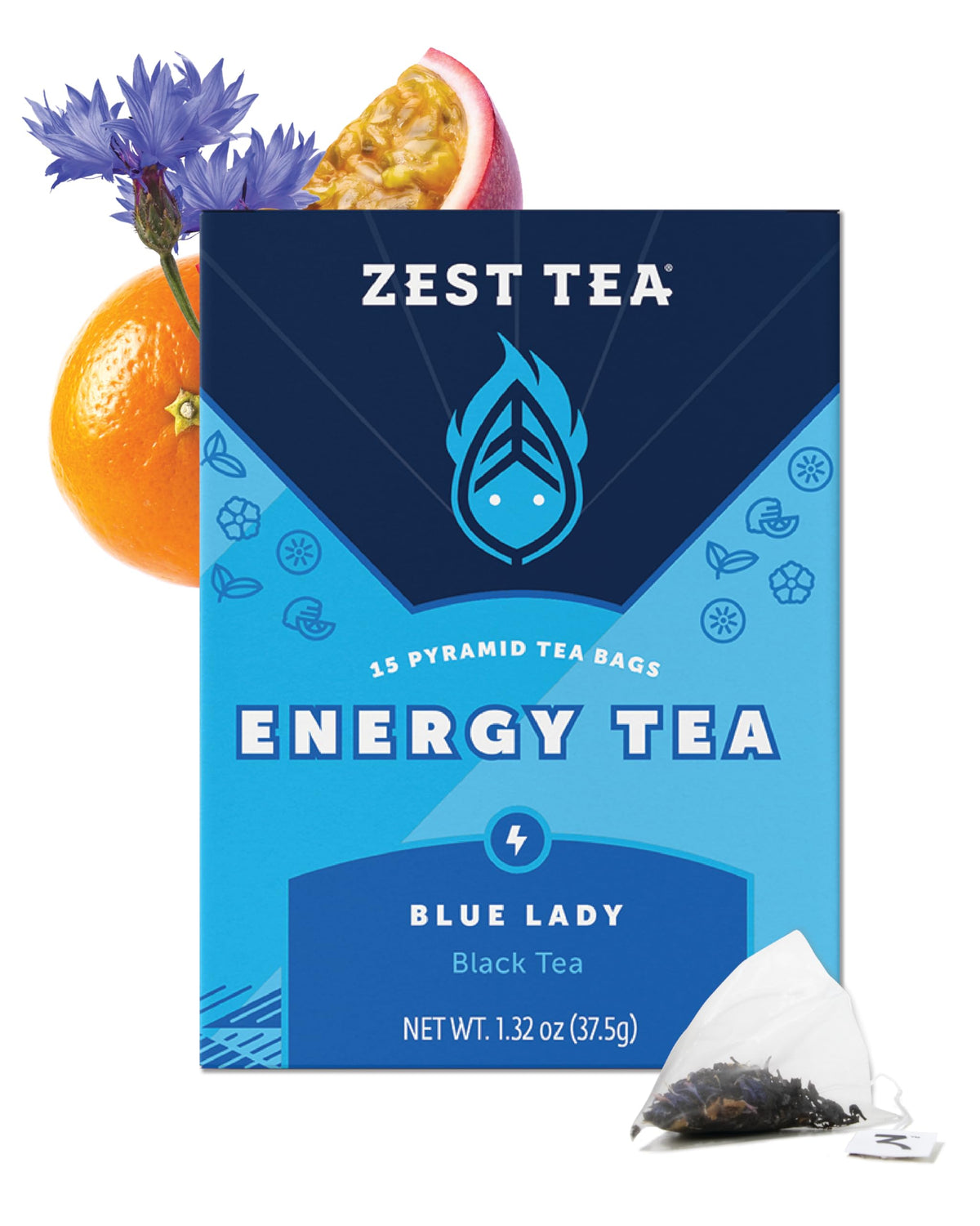 ZEST front box showing Blue Lady Passion Fruit and high caffeine benefit
