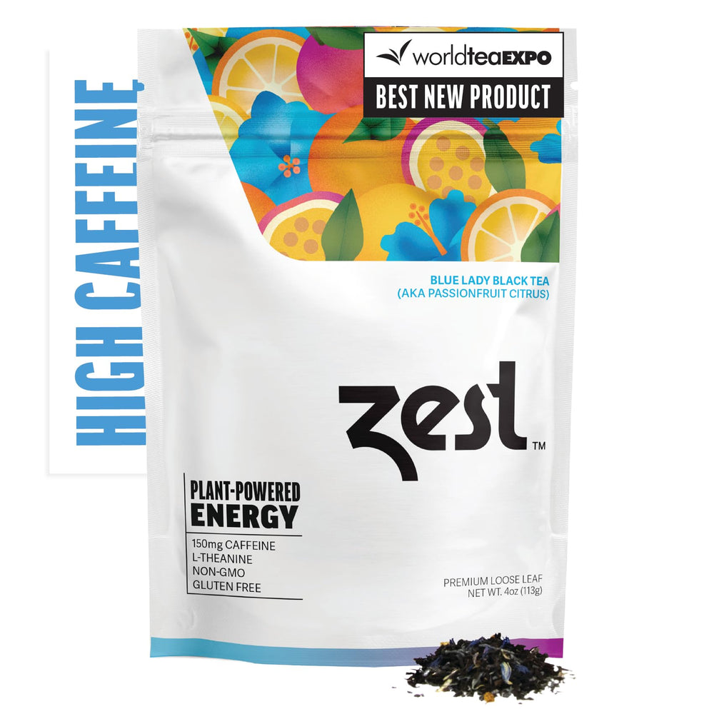 ZEST Blue Lady front pouch showing packaging and serving info for convenient storage