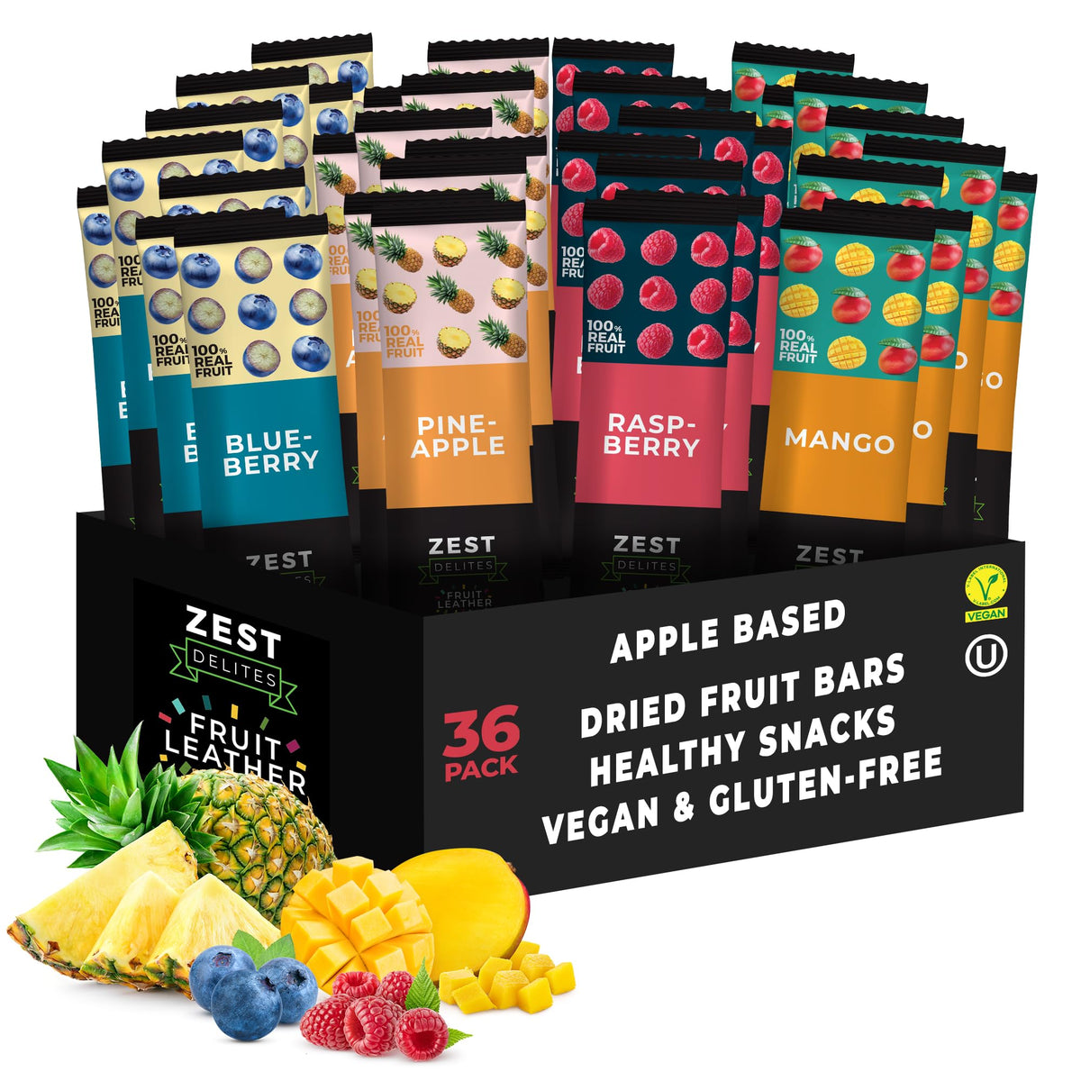 ZEST Delites front box packaging showing 36 tropical fruit leather strips and branding for easy identification and gifting