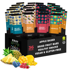 ZEST Delites front box packaging showing 36 tropical fruit leather strips and branding for easy identification and gifting