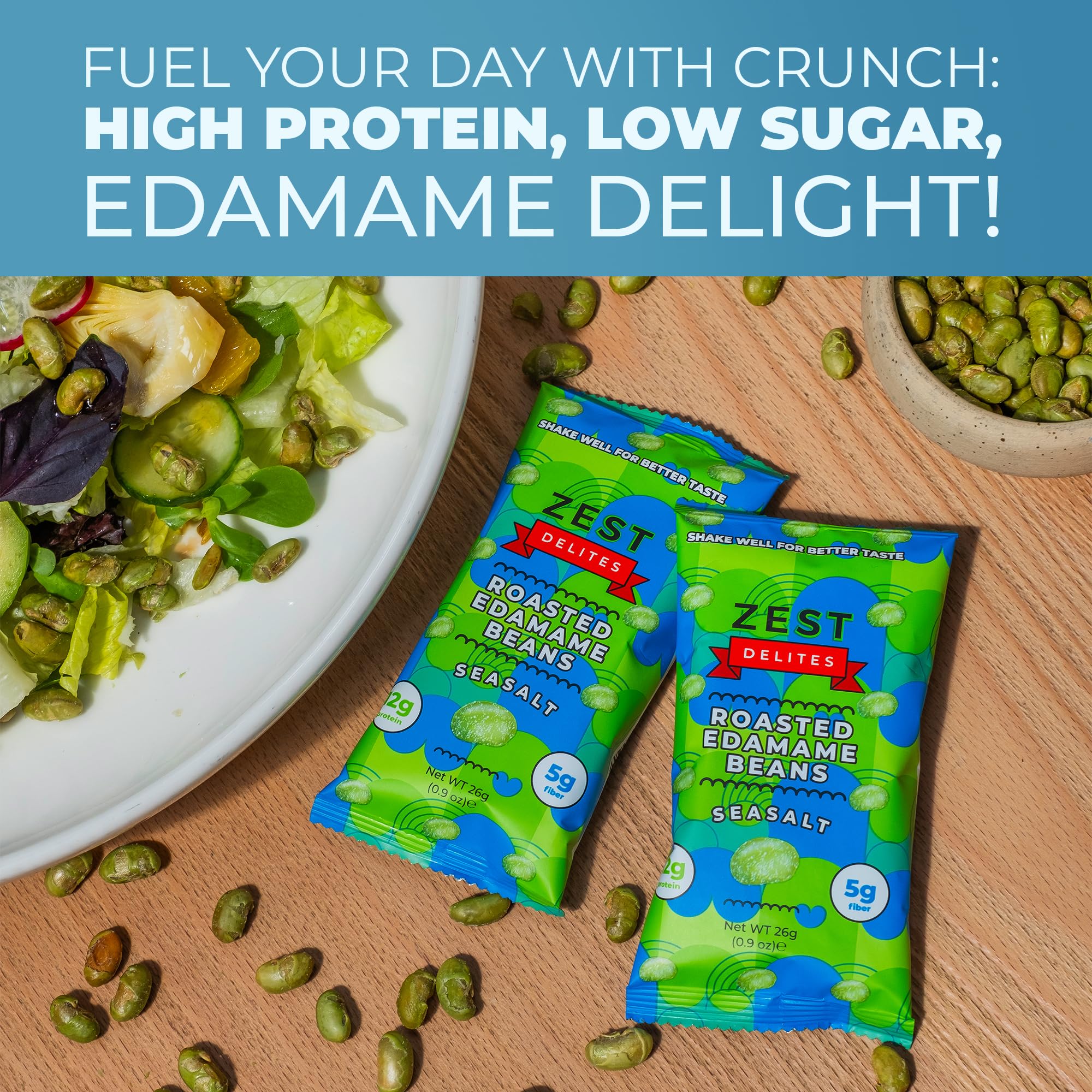 roasted edamame from ZEST Delites sprinkled on salad as a protein-rich crunchy topper