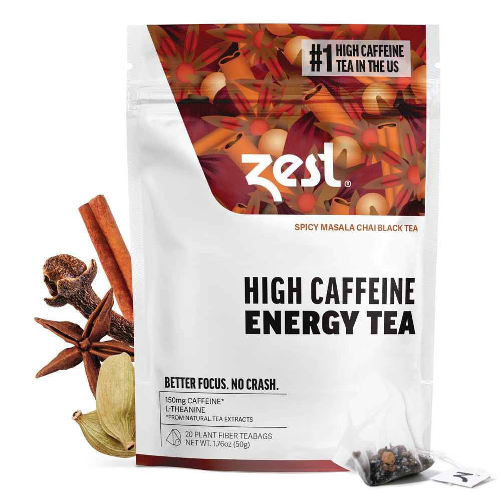 ZEST front box view showing high caffeine chai and pack benefits