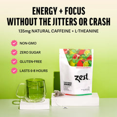 ZEST pyramid tea bag close-up illustrating compostable mesh and even infusion benefit