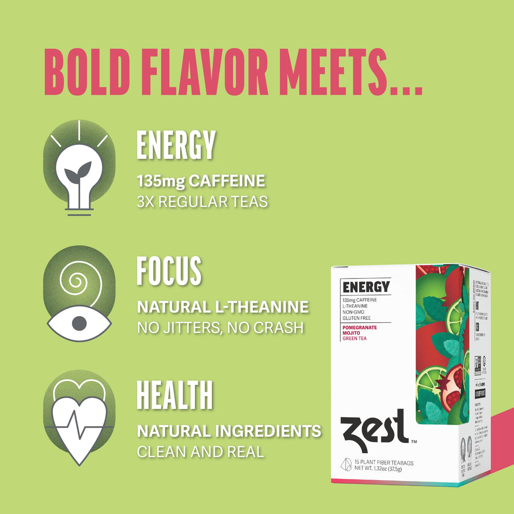 ZEST loose green tea leaves with pomegranate and mint botanicals demonstrating natural ingredients