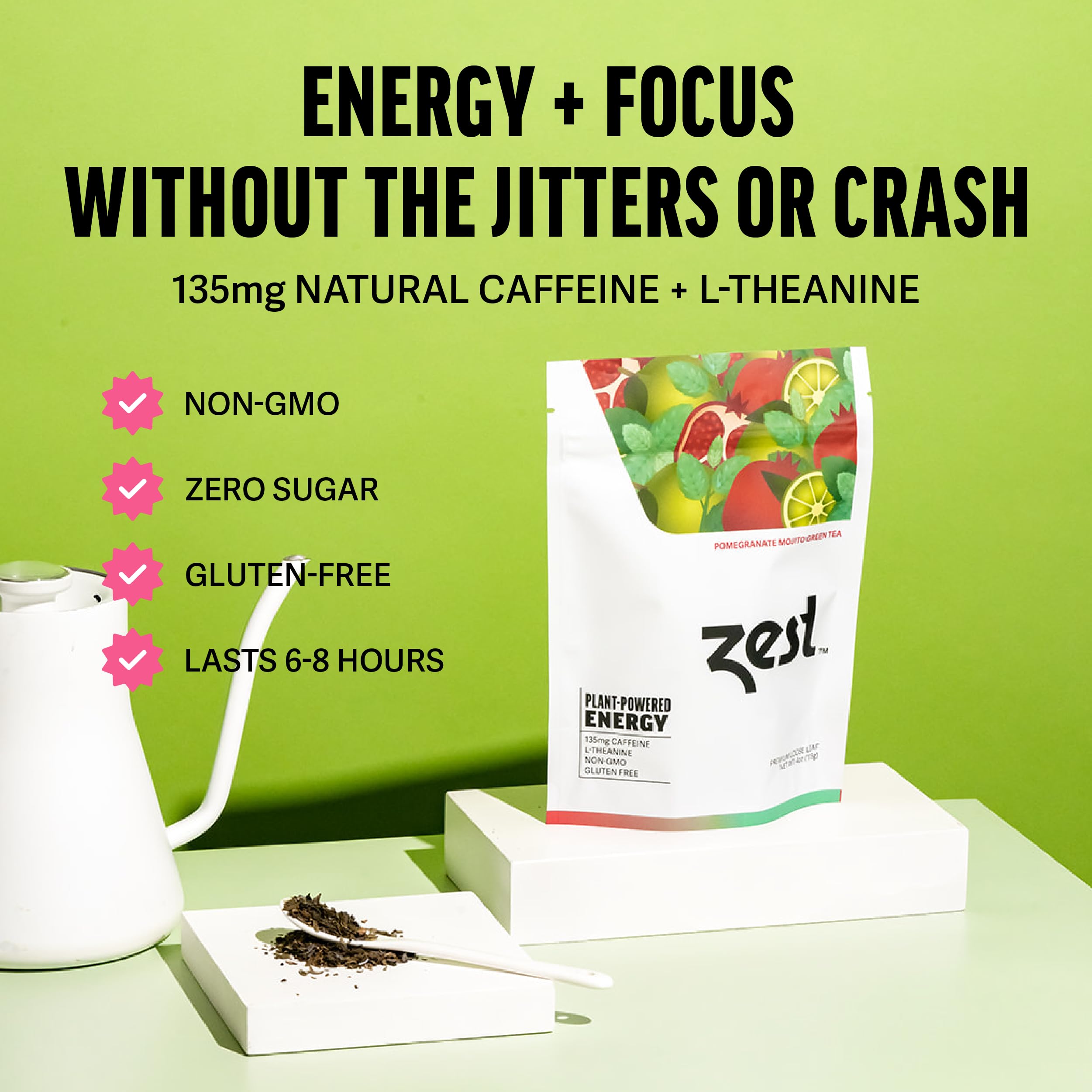 ZEST loose leaf closeup highlighting tea texture and real botanicals for quality