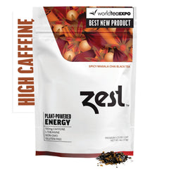 Zest front pouch showing branding and 50 servings, highlights bold energy