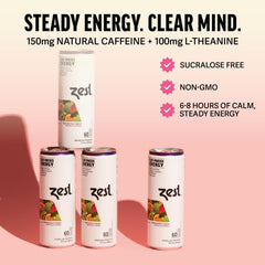 ZEST side label close-up highlighting ingredients and caffeine content