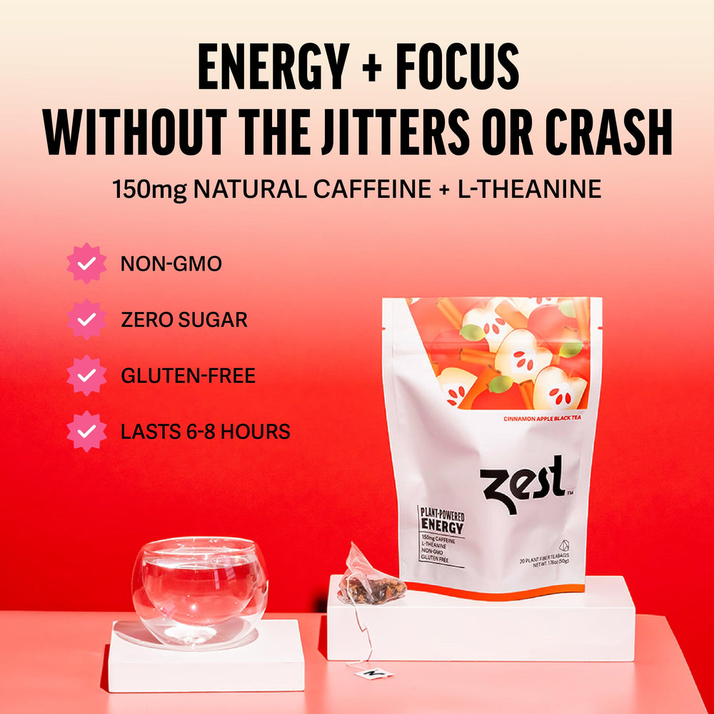 Zest pyramid tea bag close-up showing biodegradable mesh and full-flavor infusion benefit