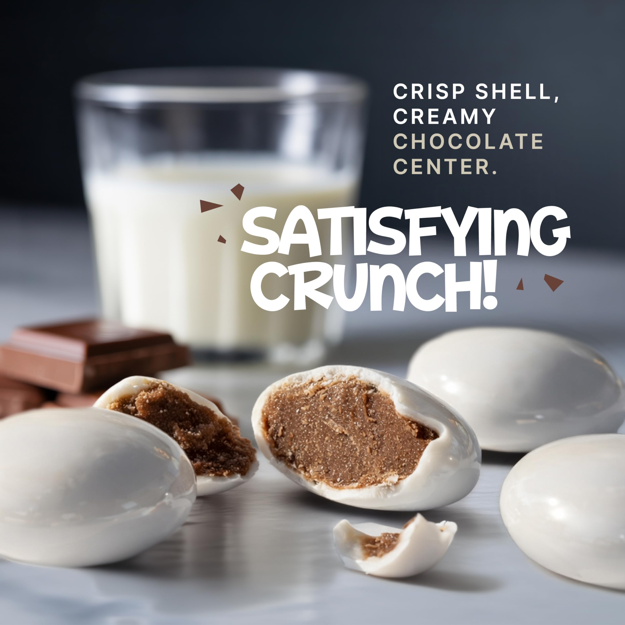 Zestix close-up of crisp white shell revealing milk chocolate center and texture benefit
