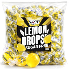 Zestix front of bag showing 1 lb sugar free lemon drops, convenient storage