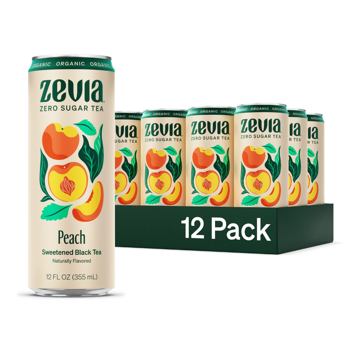 Zevia black tea peach front packaging showing 12-pack and can design, refreshing convenience