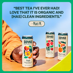 Zevia can pouring into a glass with ice, showcasing peach tea clarity and thirst-quenching taste