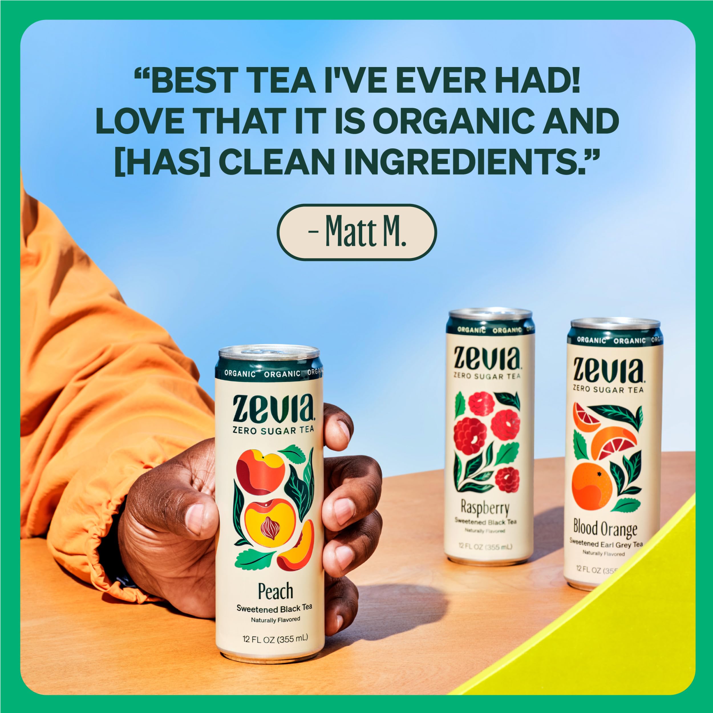 Zevia can held in hand for scale, convenient zero-calorie beverage on the go