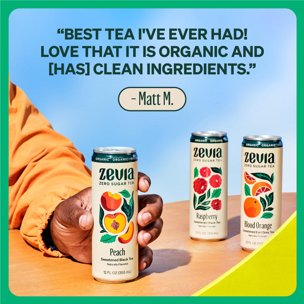 Zevia can held in hand for scale, convenient zero-calorie beverage on the go
