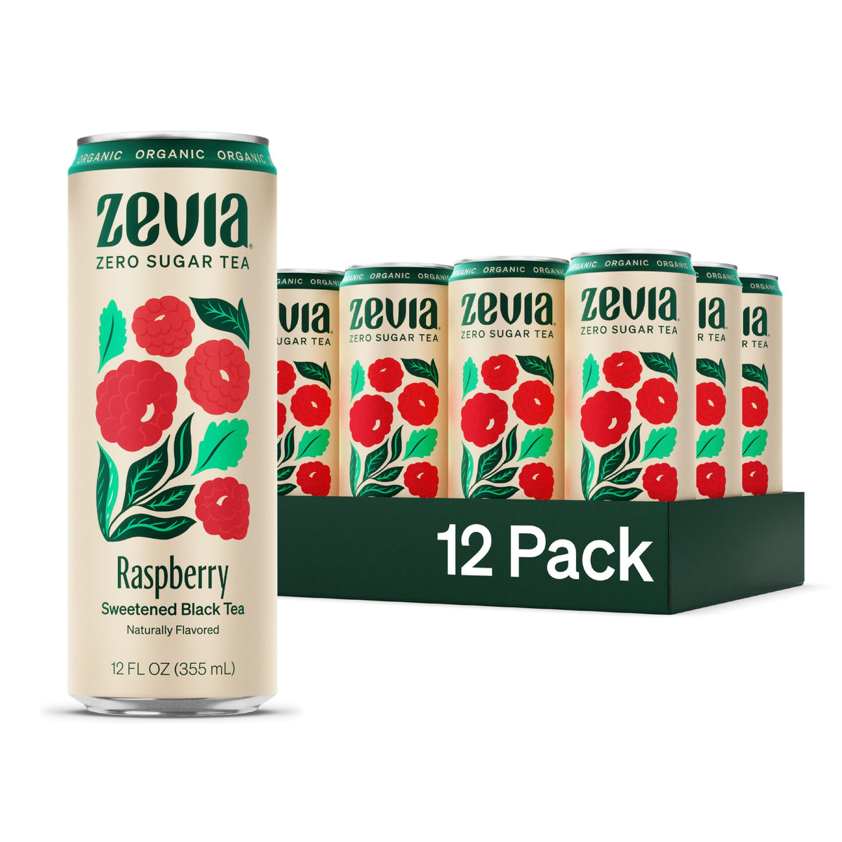 Zevia front packaging showing raspberry black tea, refreshing zero-sugar drink