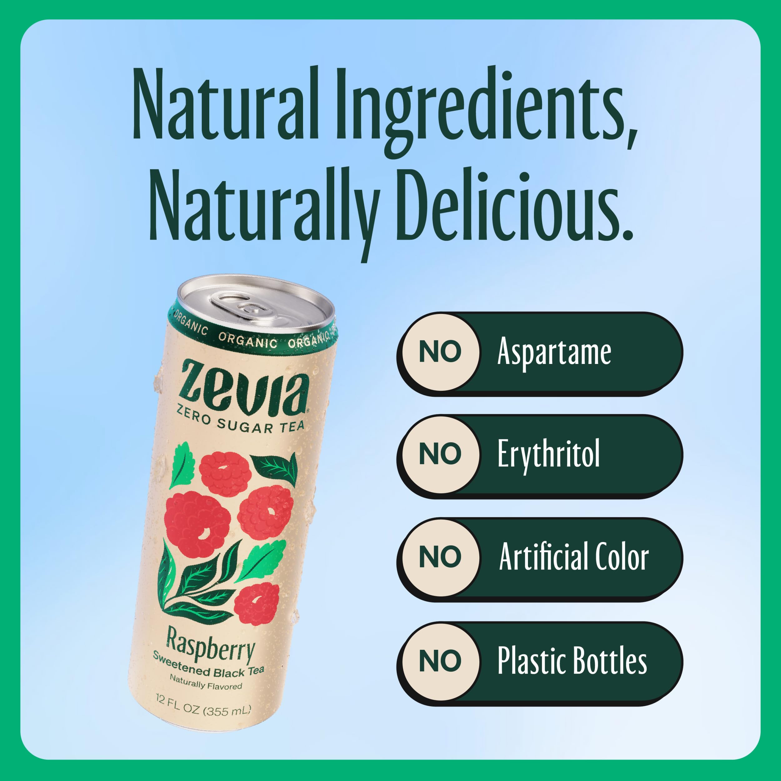 Zevia poured into glass with ice, chilled raspberry tea refreshment