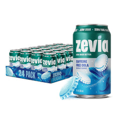 Zevia caffeine-free cola front can showing label and clear cola taste