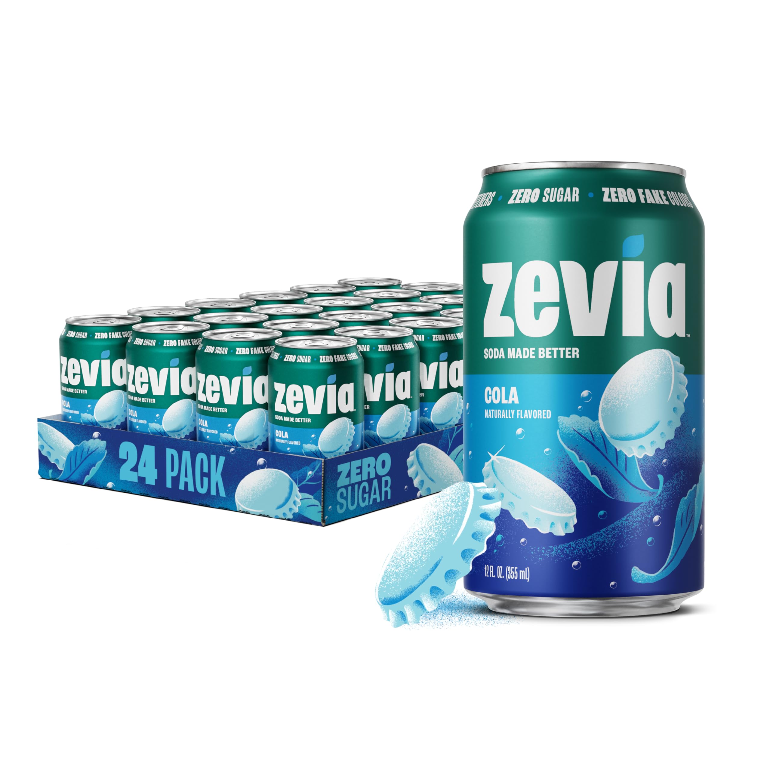 Zevia cola front packaging showing 24 cans and brand clarity benefit
