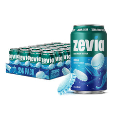 Zevia cola front packaging showing 24 cans and brand clarity benefit
