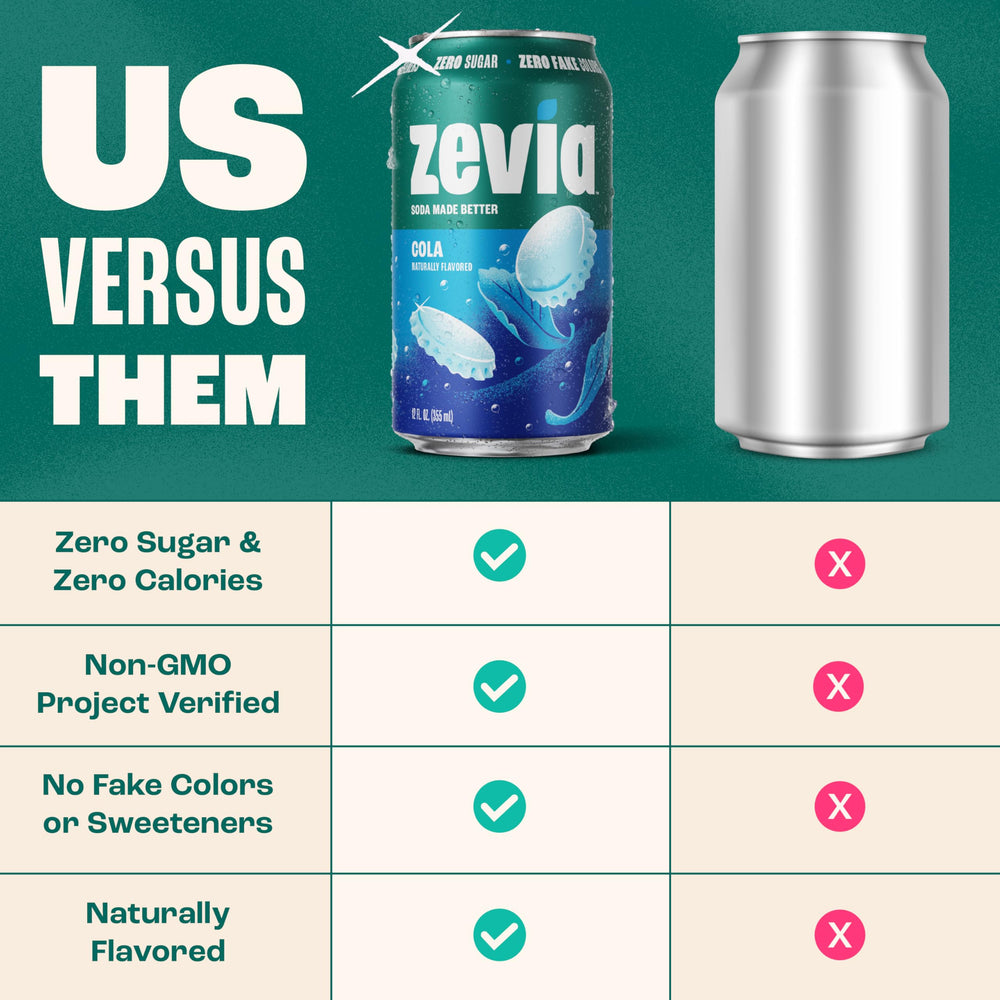 Zevia cola label close-up with Non-GMO and vegan seals showing clean ingredients benefit