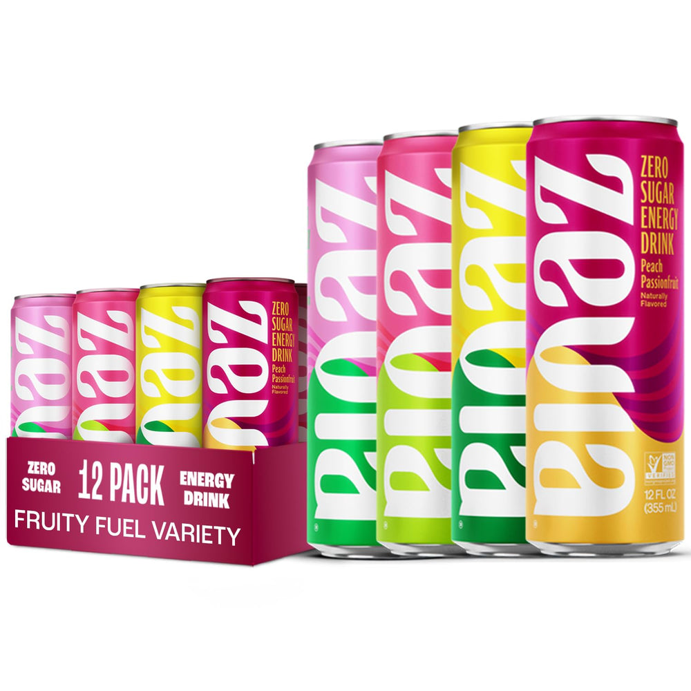 Zevia Fruity Fuel front pack showing four-flavor assortment and vibrant cans, great for flavor variety