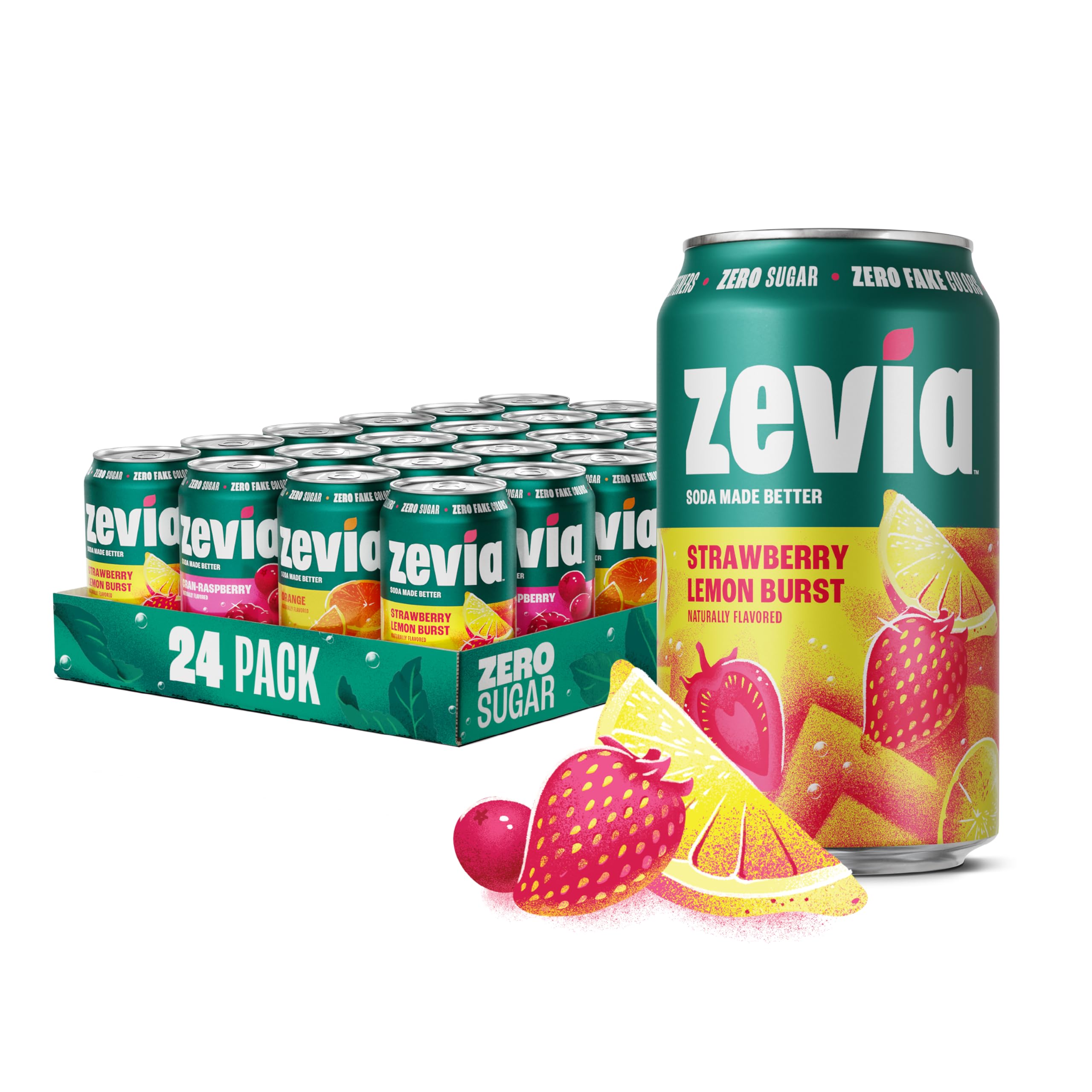 Zevia front packaging showing fruity variety pack and convenient assortment