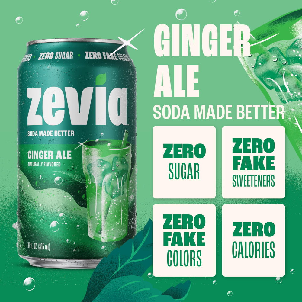 Zevia close-up of ginger ale bubbles and foam highlighting refreshing fizz