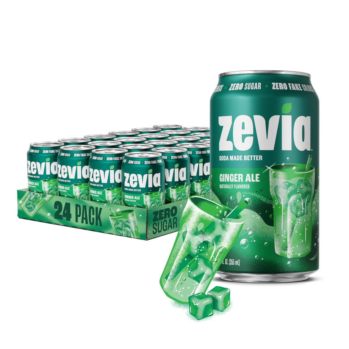 Zevia front packaging of 24-pack cans showing brand and flavor benefits