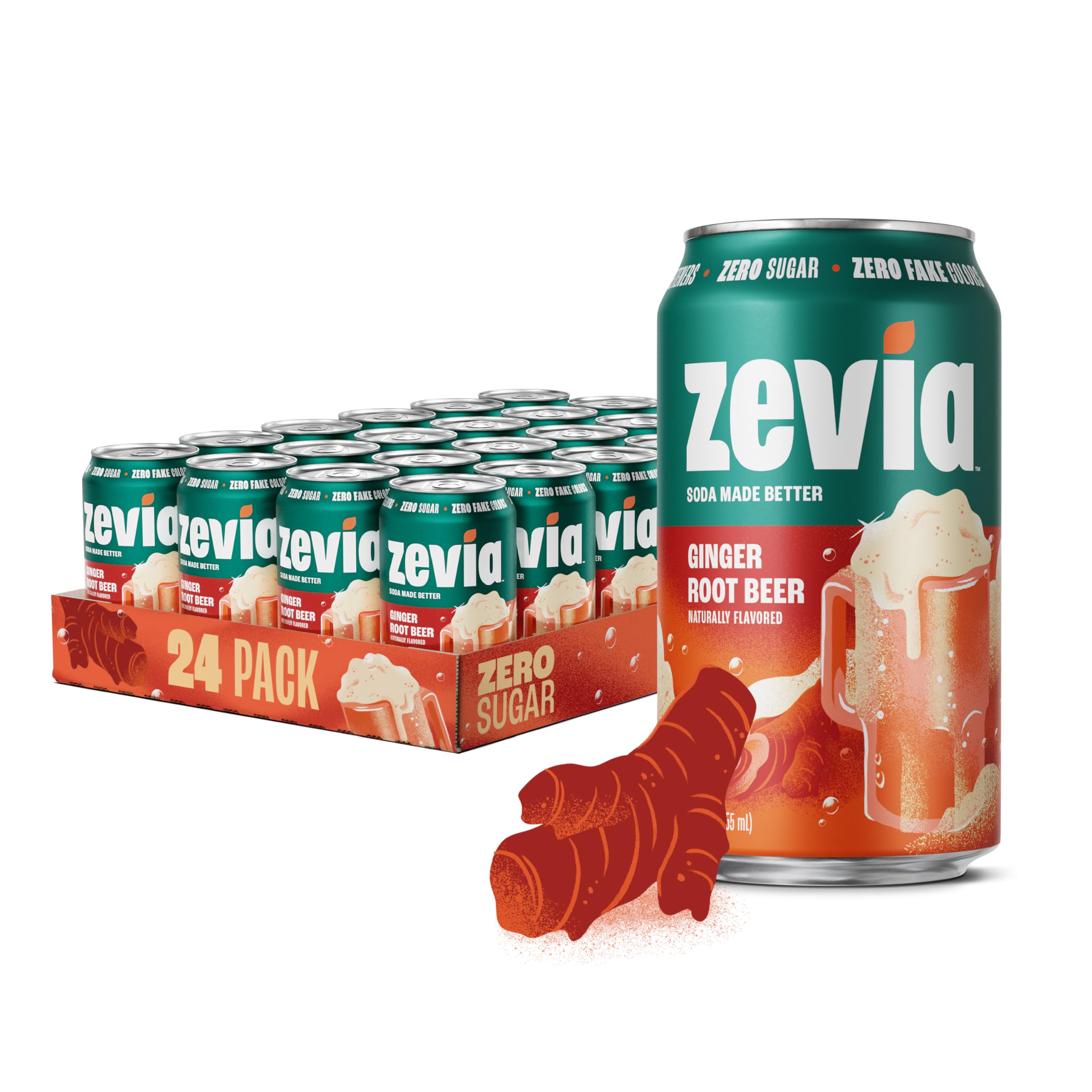 Zevia front can showing ginger root beer and zero sugar benefit