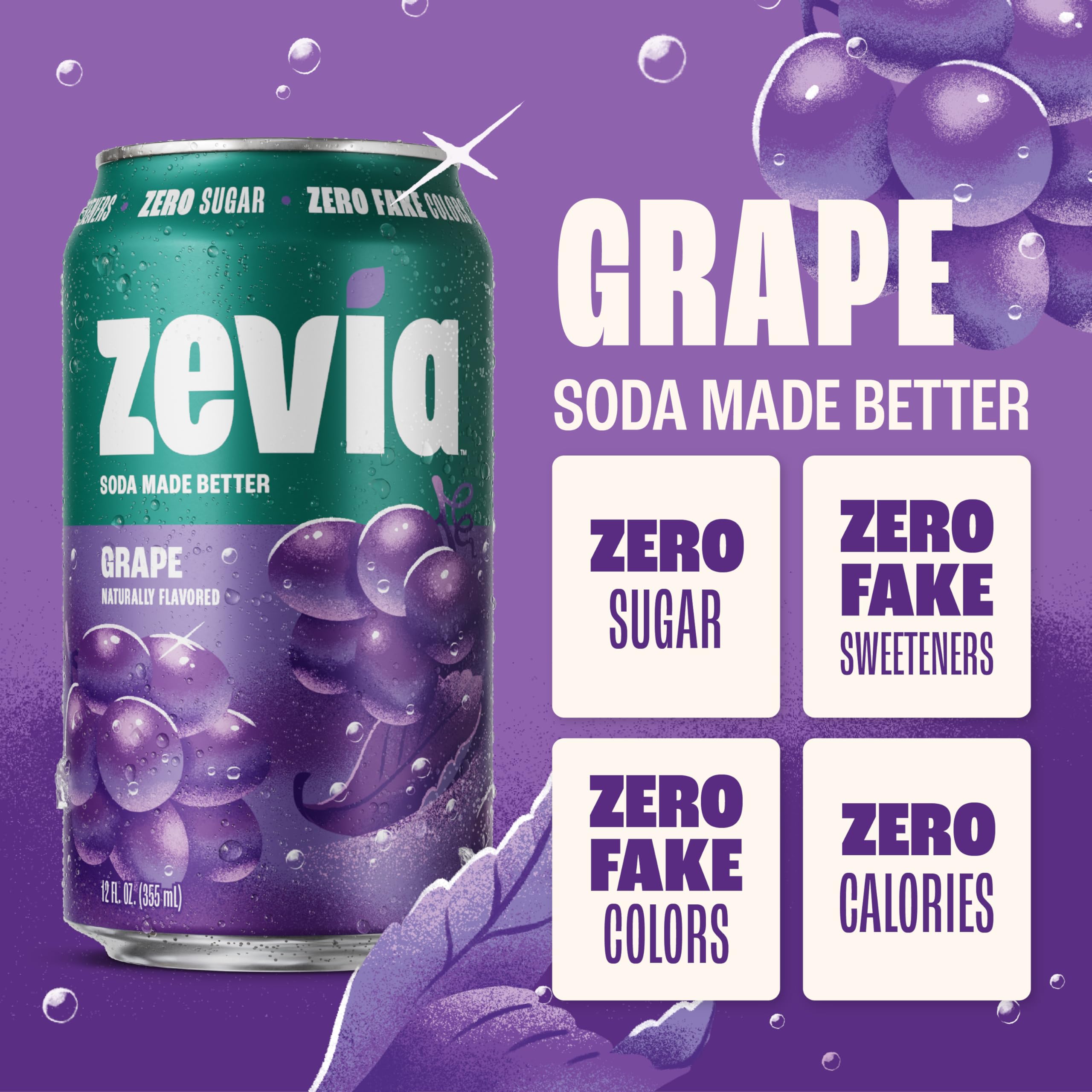 Zevia can closeup label highlighting grape flavor and clarity