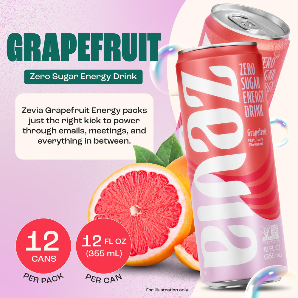 Zevia grapefruit can close-up highlighting label details and crisp carbonation