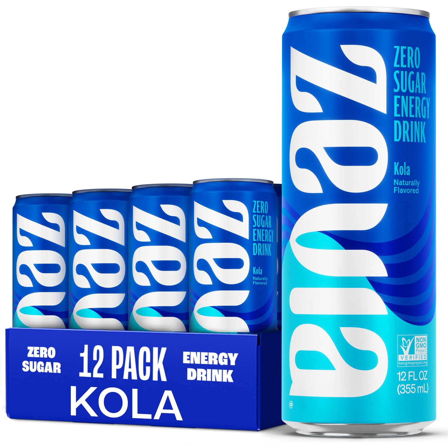 Zevia Kola Energy front packaging shows 12-pack and highlights zero sugar benefit