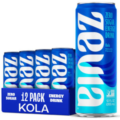 Zevia Kola Energy front packaging shows 12-pack and highlights zero sugar benefit