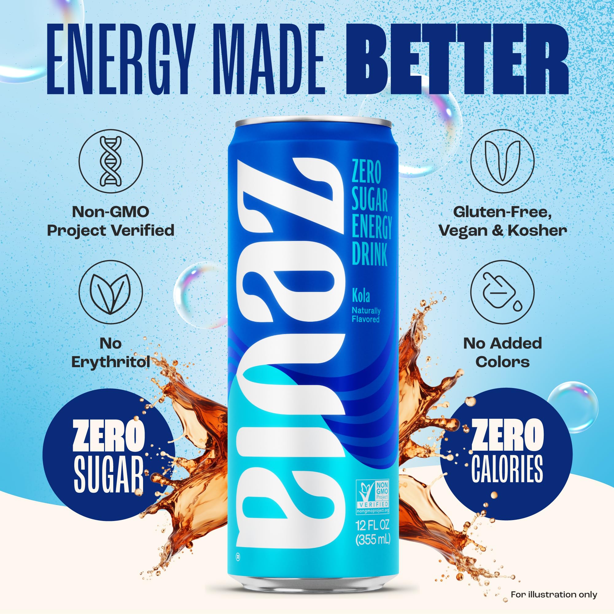 Zevia Kola Energy carbonation close-up emphasizes bright bubbles and refreshing taste