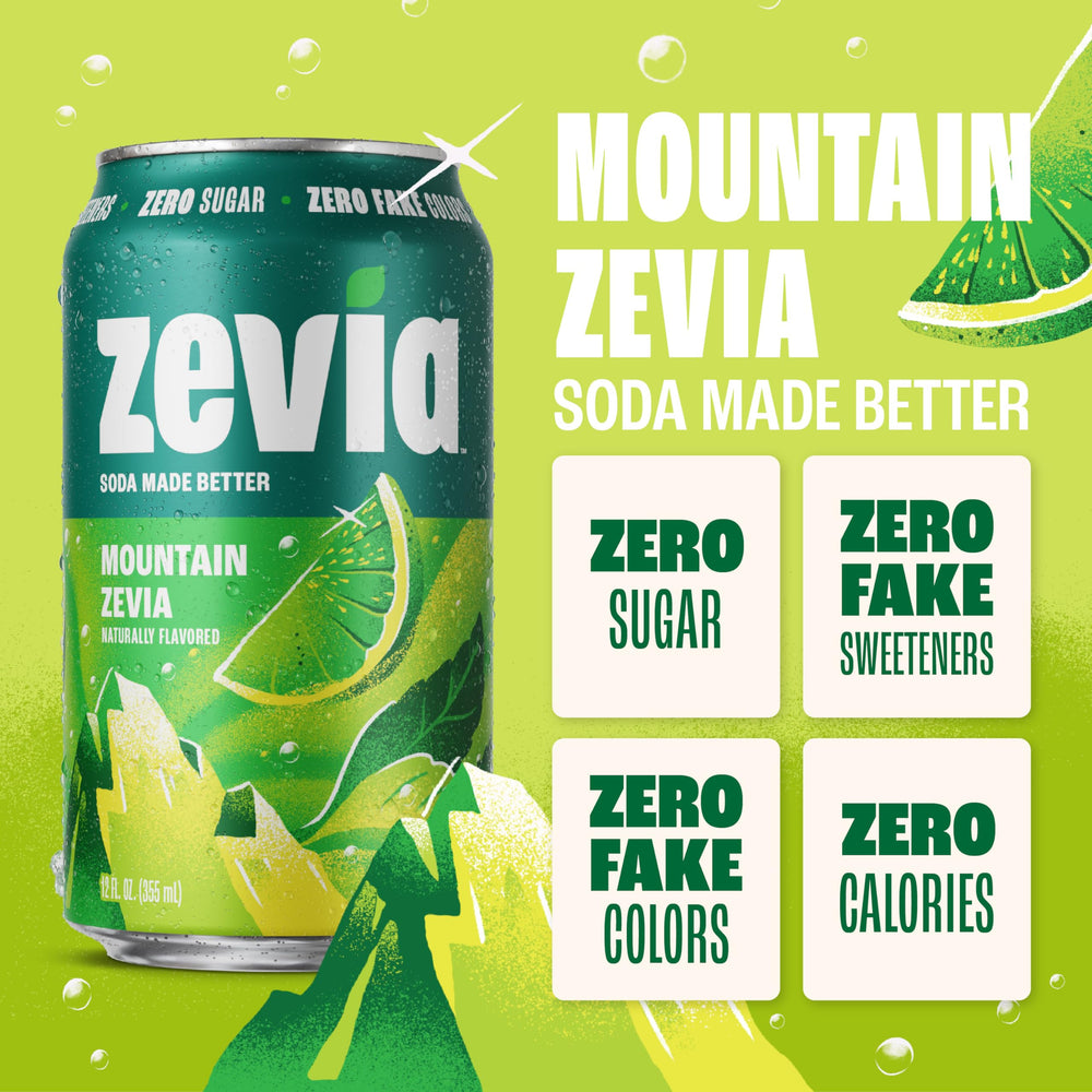 Zevia Mountain can close-up label highlighting stevia sweetened and non-GMO