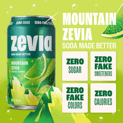 Zevia Mountain can close-up label highlighting stevia sweetened and non-GMO
