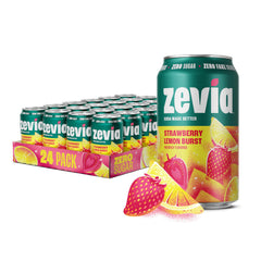 Zevia front packaging showing 24-pack and flavor focus benefits refreshment