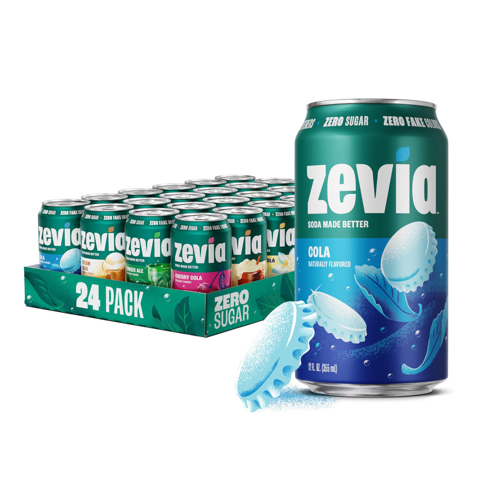 Zevia variety pack front packaging showing six flavors and benefits