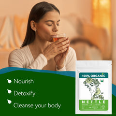 Zhivana Organics brewed cup of nettle tea steaming and soothing