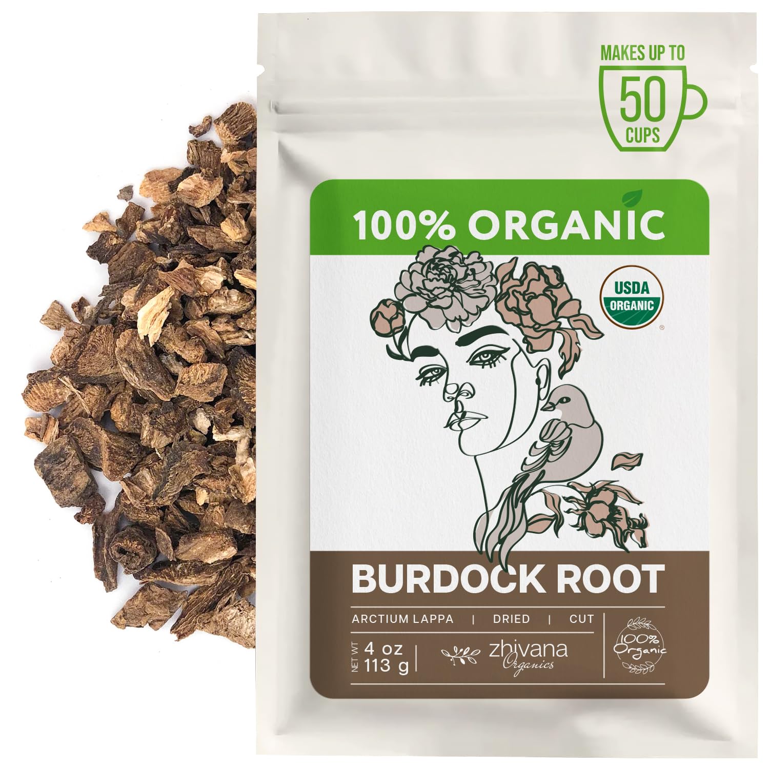 Zhivana Organics front packaging showing organic burdock root and clear labeling benefit freshness