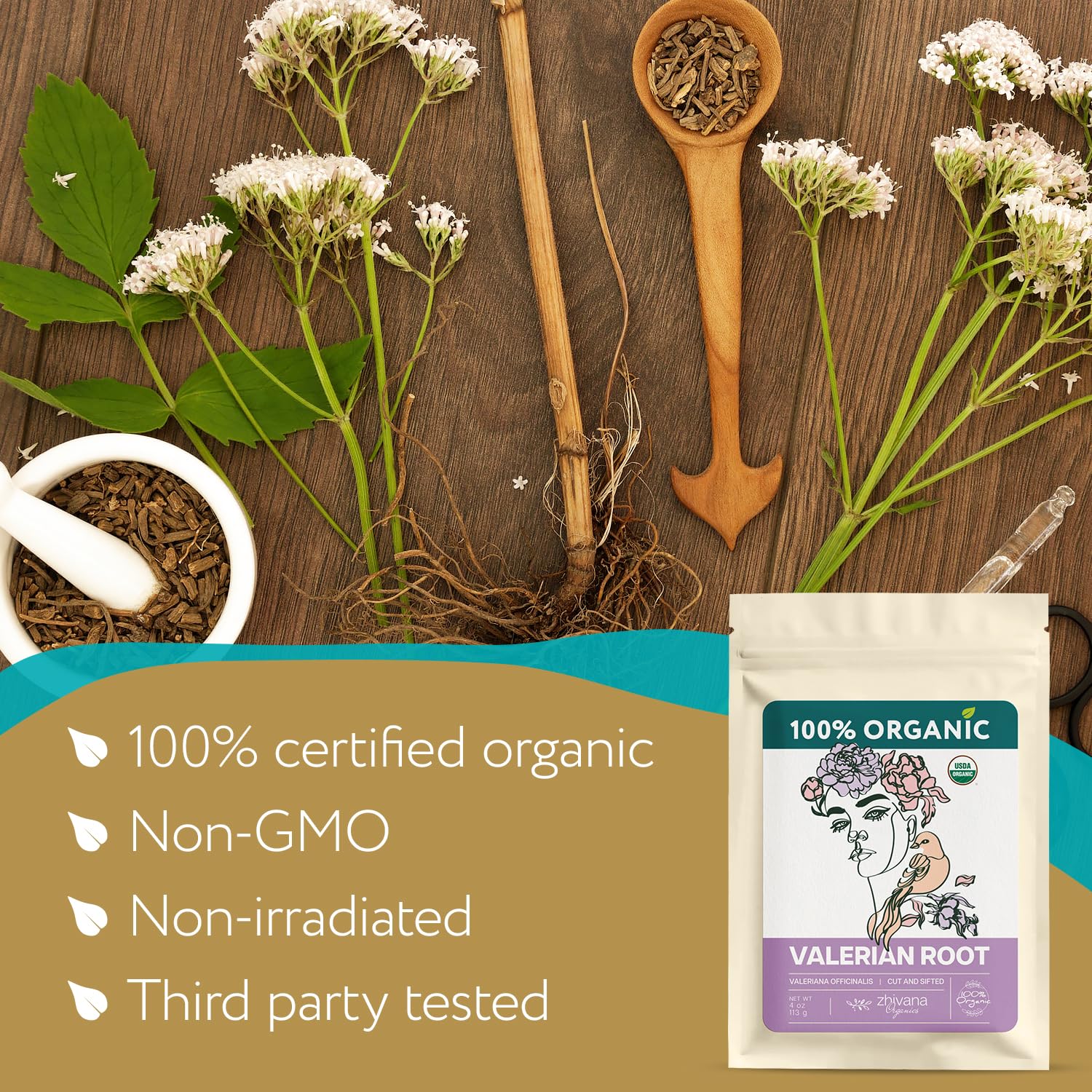Zhivana Organics pile of dried valerian root illustrating natural ingredient clarity